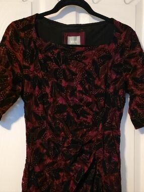 Maeve Burgundy and Black Velvet-Pattern Dress